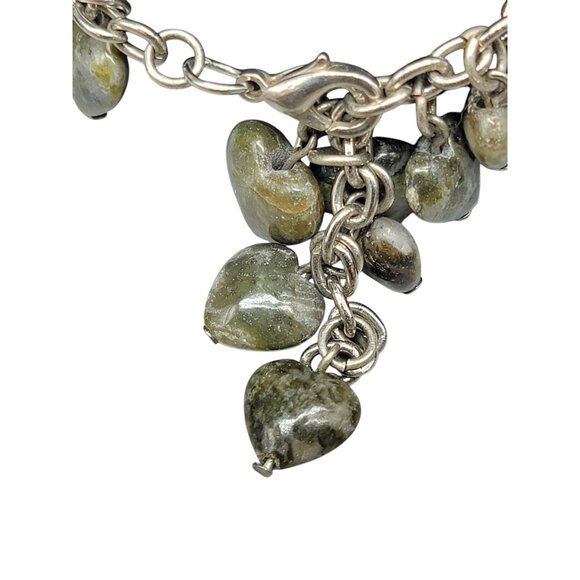 Jadeite Heart Dangling Charm Bracelet Silver Tone Oval Link Chain Adjustable 8" - Picture 12 of 13